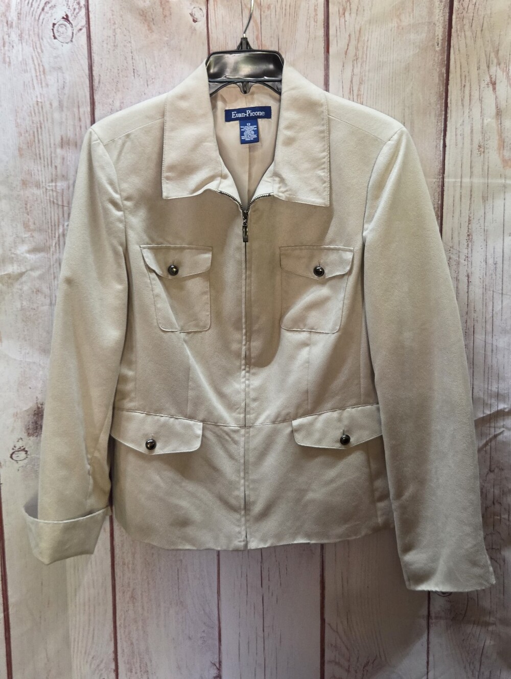 Evan Picone Khaki Beige Zip Front 4-Pocket Micro-Suede Blazer 12